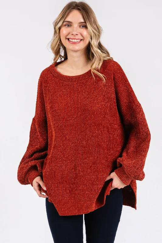 Rust Chenille Knit Balloon Sleeve Sweater