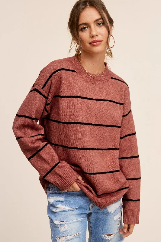 Rust Striped Mock Neck Sweater