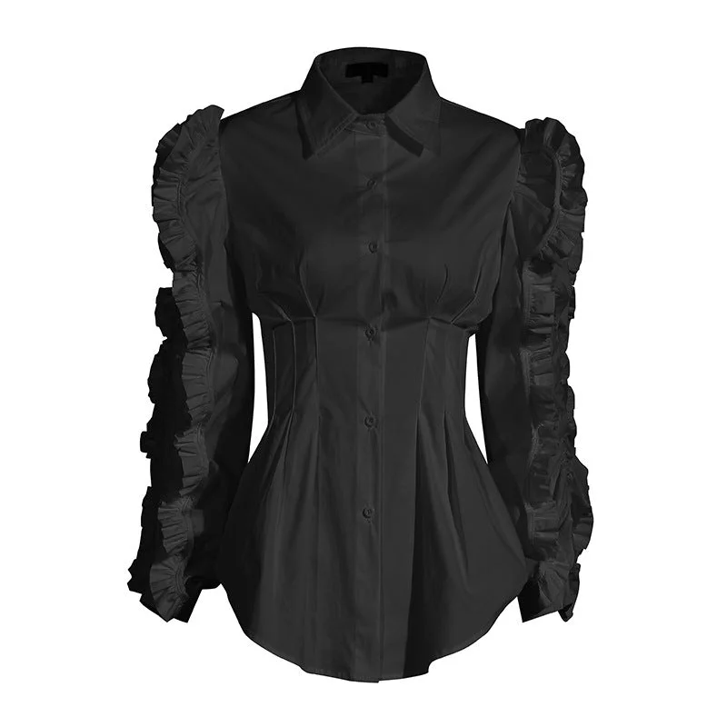 Shirt Blouse  Loose Pleated Ruffled Lapel Waist Long Sleeve Elegant White Shirt Women