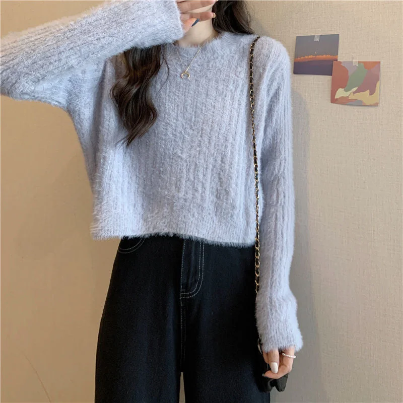 Short Mink Sweater Women's Solid Color Sweet All-Matching Graceful Pullover Fashion Knitwear Top