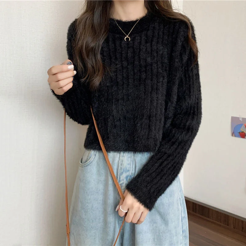 Short Mink Sweater Women's Solid Color Sweet All-Matching Graceful Pullover Fashion Knitwear Top