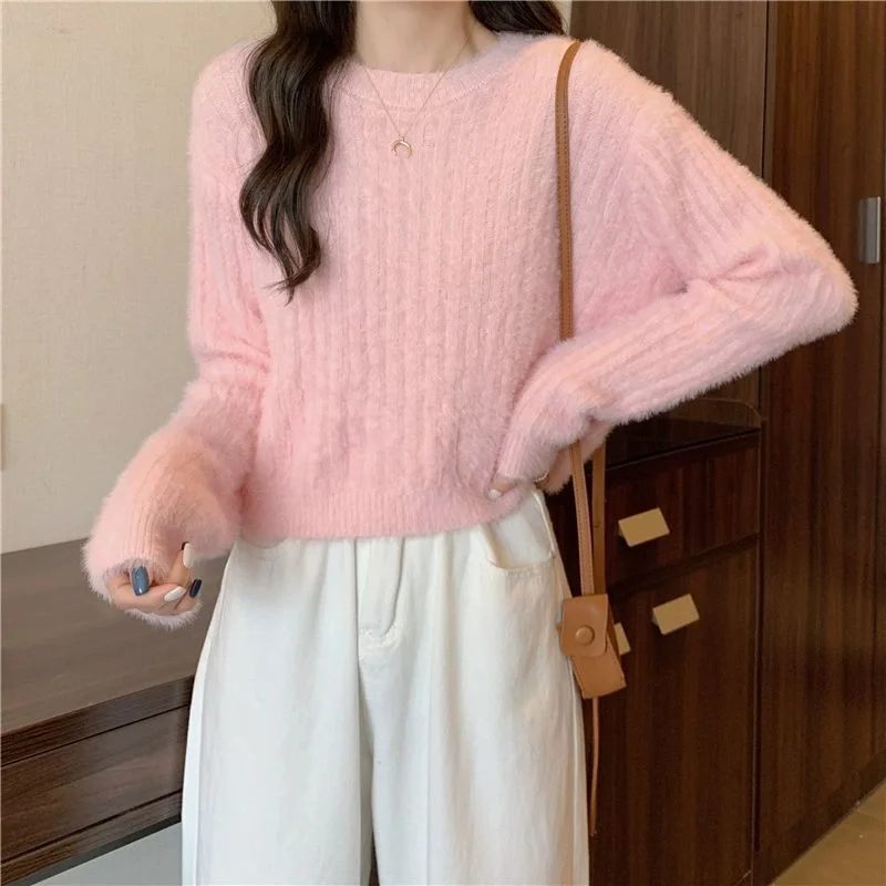 Short Mink Sweater Women's Solid Color Sweet All-Matching Graceful Pullover Fashion Knitwear Top