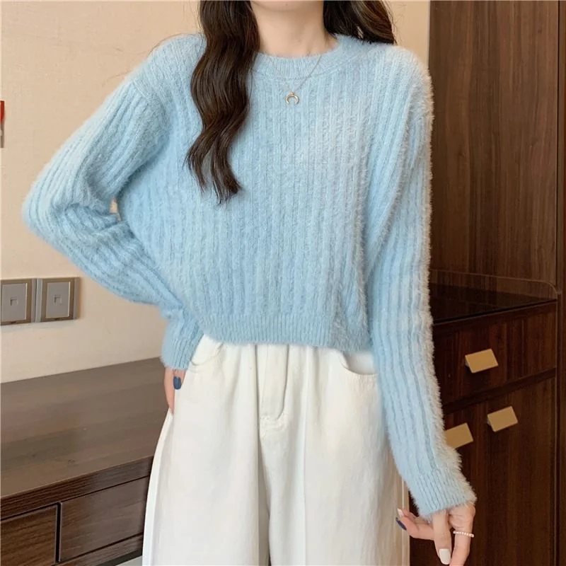 Short Mink Sweater Women's Solid Color Sweet All-Matching Graceful Pullover Fashion Knitwear Top