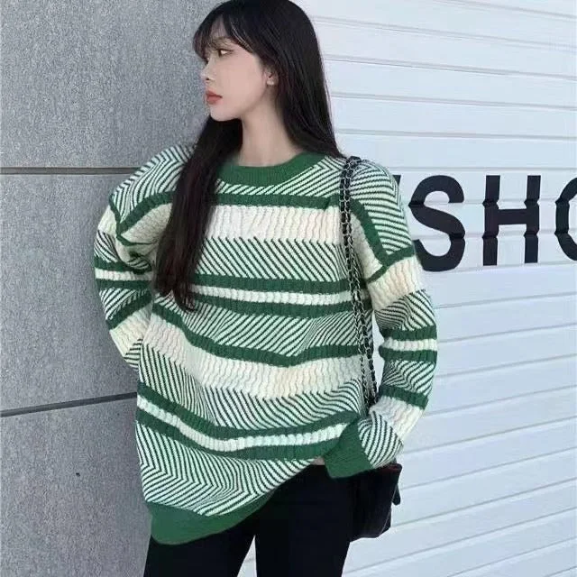 Striped Sweater For Women Loose Pullover Lazy Outer Wear Slimming Knitted Top Early Autumn