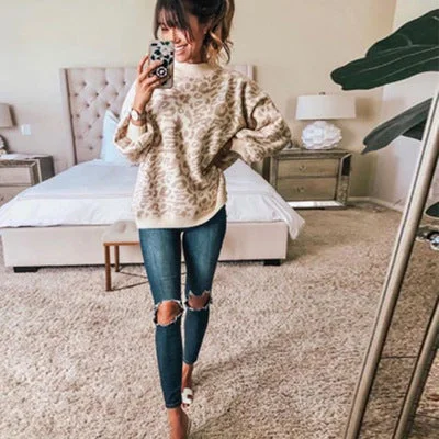 sweater women turtleneck leopard knitted sweater animal print winter thick female pullovers casual tops oversized sweater