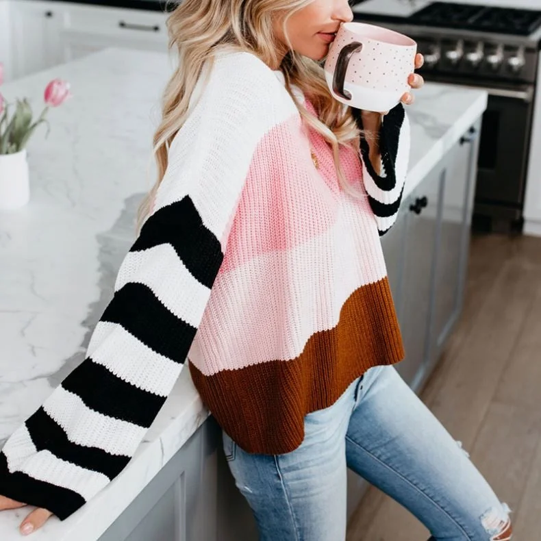 Sweaters Woman Knit For De Women's Oversize Pullover Knitted Jumper With Long Sleeve V Neck Casual Striped Winter Sweater Women