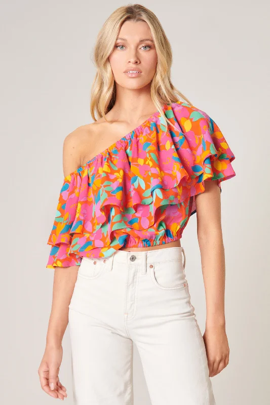 Sweet Soul Fruity Floral Charmer One Shoulder Ruffle Top