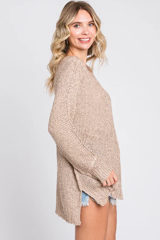 Taupe Chunky Knit Side Slit Sweater