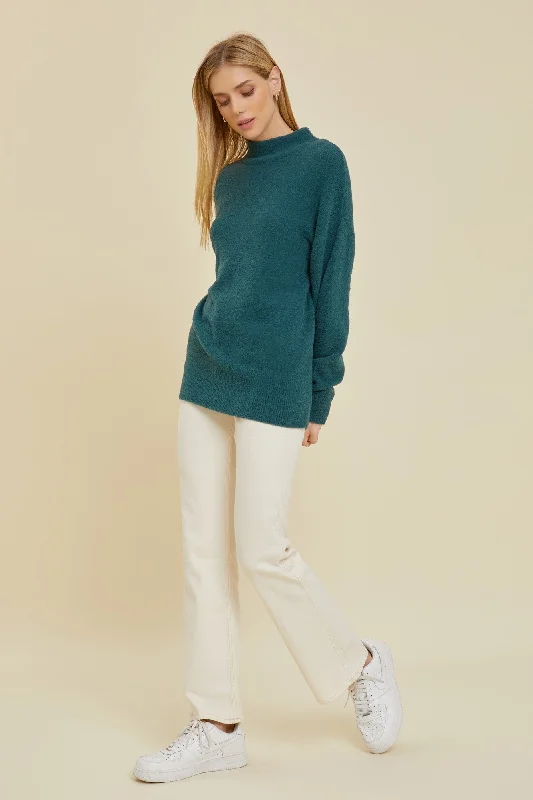 Teal Fuzzy Knit Mock Neck Sweater