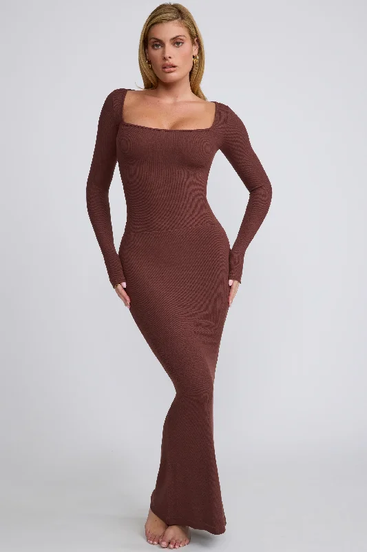 Ribbed Modal Square Neck Long Sleeve Top in Chocolate