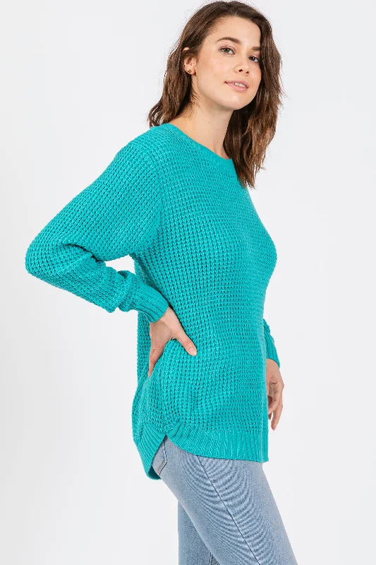 Turquoise Waffle Knit Round Hem Sweater