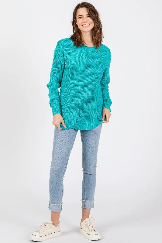 Turquoise Waffle Knit Round Hem Sweater