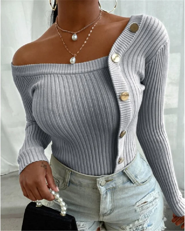 Wholesale Autumn And Winter New Fashion Stitching Button Threaded Top Women'S Clothing