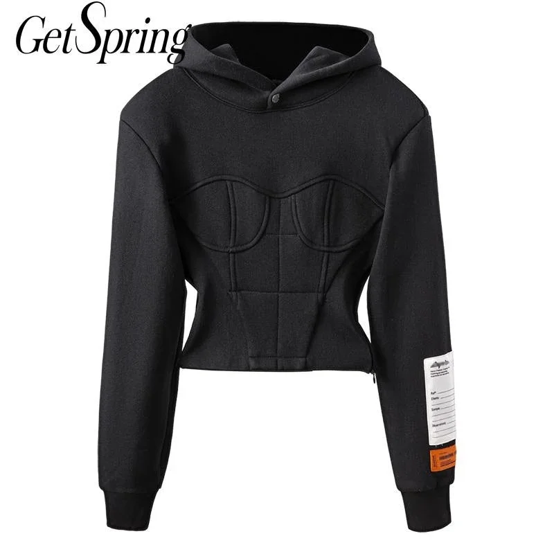 Women Hoodies Sweatshirt Patchwork Black Hooded Hoodie Women Vintage Casual Short Women Sweatshirt Tops 2022 Fashion