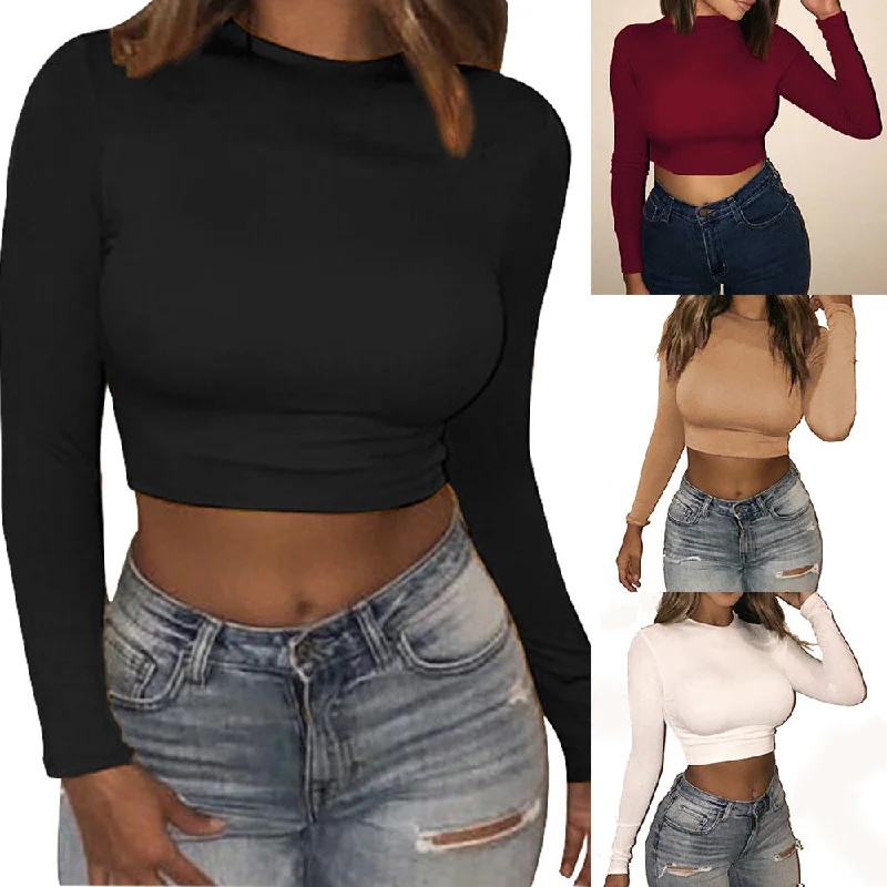 Women Sexy Bodycon T-shirts Autumn Women Long Sleeve O-neck Crop Top Sheath T-shirts Fashion Summer Autumn Solid Tops