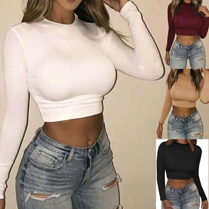 Women Sexy Bodycon T-shirts Autumn Women Long Sleeve O-neck Crop Top Sheath T-shirts Fashion Summer Autumn Solid Tops