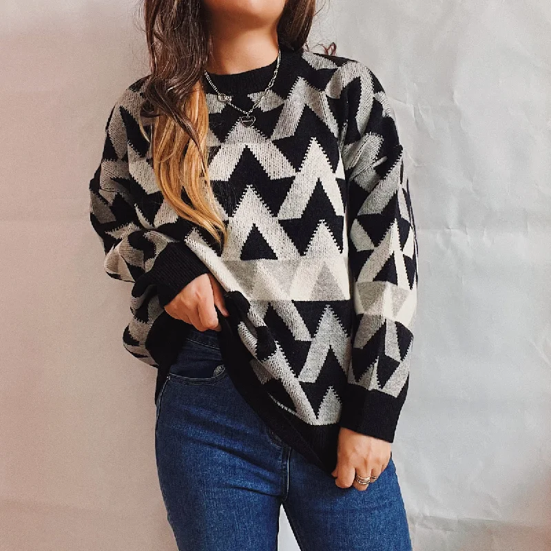 Women's Clothing New Autumn And Winter Loose Retro Geometric Triangle Round Neck Long Sleeve Pullover Sweater