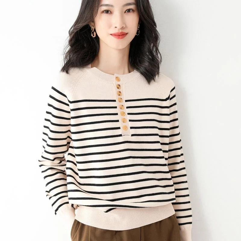 Women's Contrasting Color Striped Sweater Half High Neck Long Sleeve Base Shirt