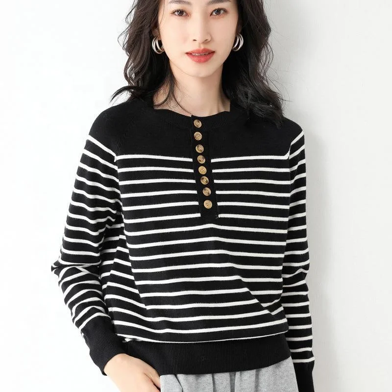 Women's Contrasting Color Striped Sweater Half High Neck Long Sleeve Base Shirt