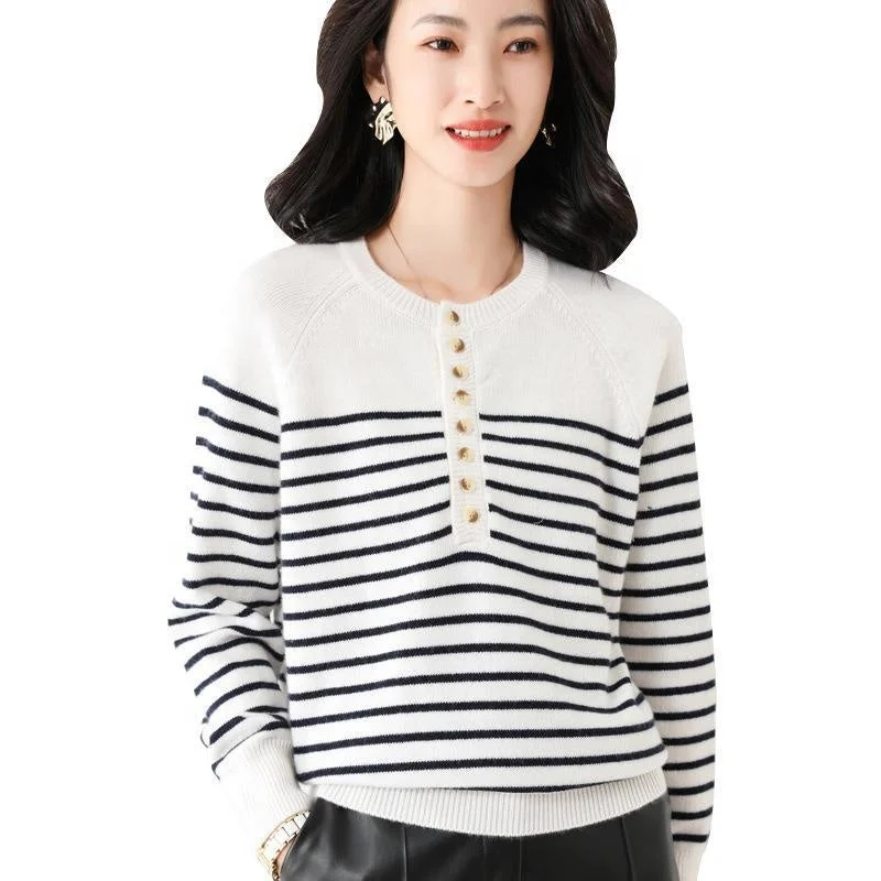 Women's Contrasting Color Striped Sweater Half High Neck Long Sleeve Base Shirt