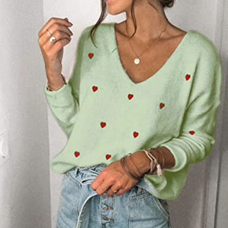 Women's Fashion New Sweater Valentine's Day Love Polka Dot V-Neck Plus Size Loose Pullover