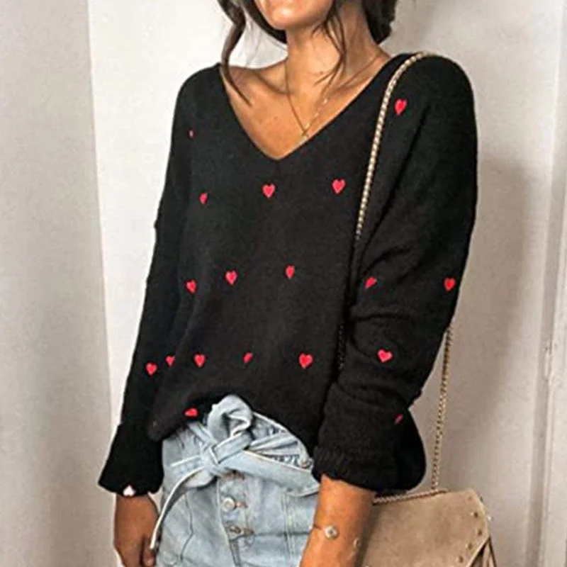 Women's Fashion New Sweater Valentine's Day Love Polka Dot V-Neck Plus Size Loose Pullover