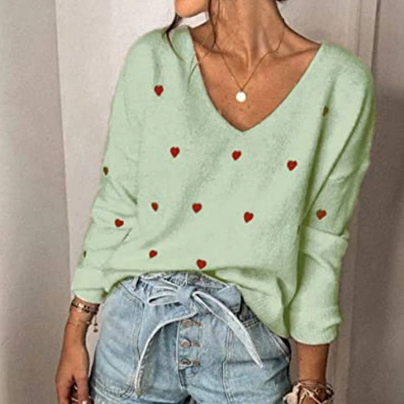 Women's Fashion New Sweater Valentine's Day Love Polka Dot V-Neck Plus Size Loose Pullover