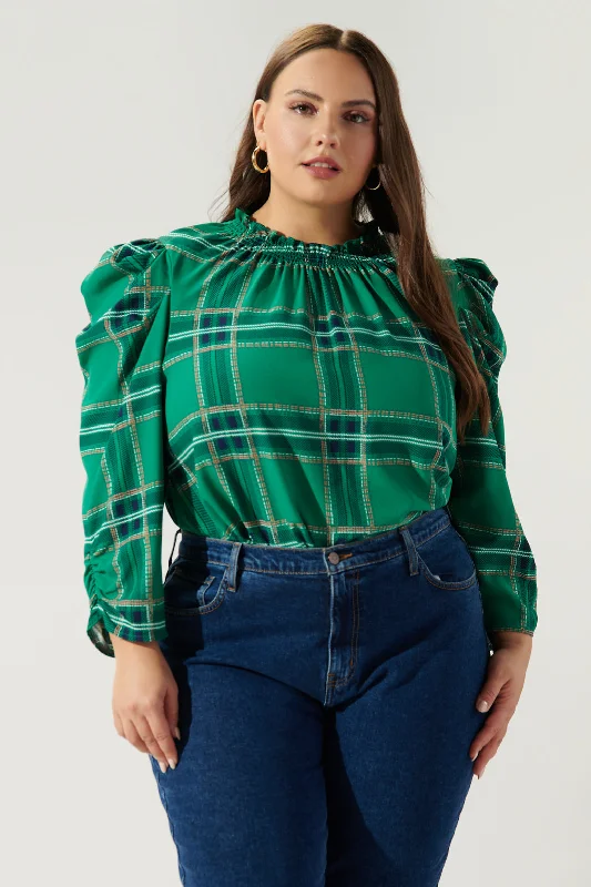 Woodland Jade Plaid Drape Sleeve Top Curve