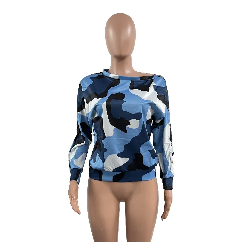 Z73408 Fashion Camouflage Print Long Sleeve top Casual women spring loose Skew Collar Off Shoulder T Shirts