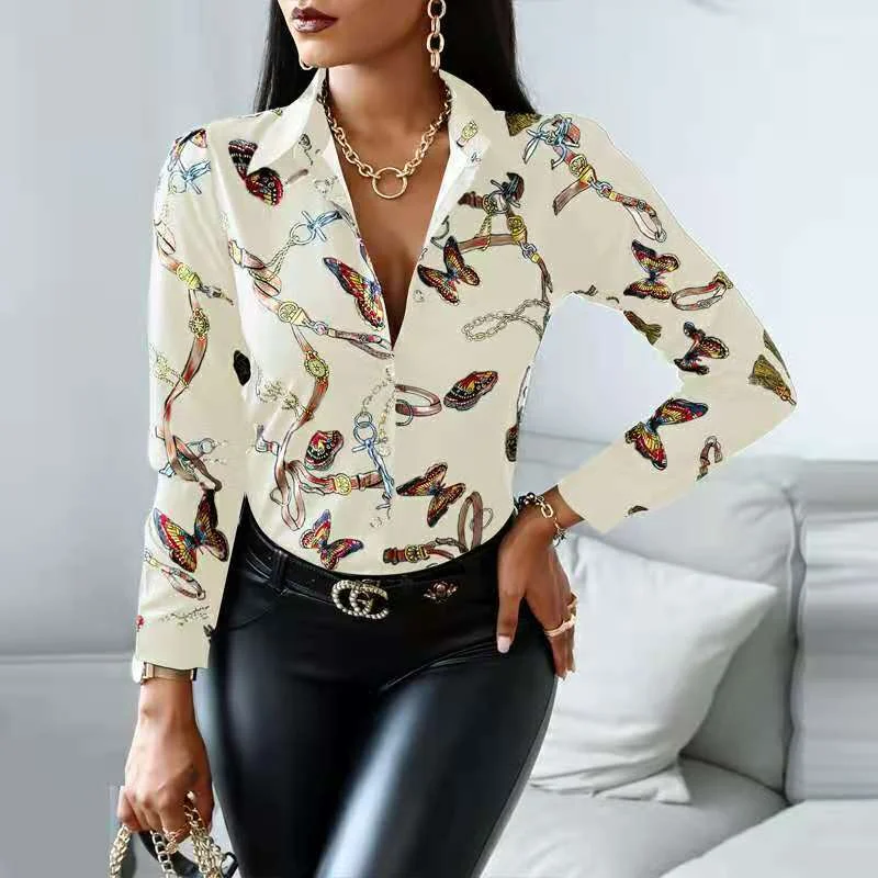 Z79661 Spring stylish Casual Print long Sleeve shirts women  Buckle Turndown Collar Tops