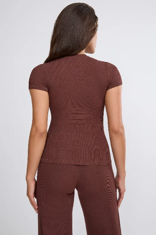 Ribbed Modal High Neck Top in Chocolate