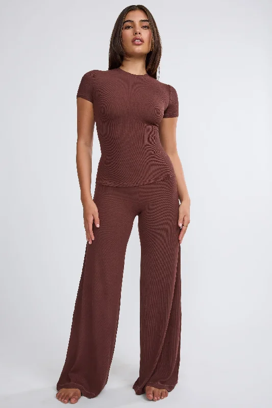 Ribbed Modal High Neck Top in Chocolate