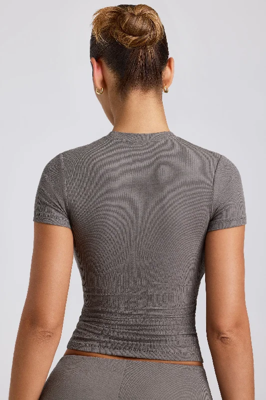 Ribbed Modal High Neck Top in Grey