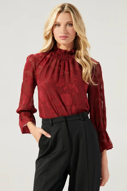 Zola Floral Burnout Mock Neck Blouse